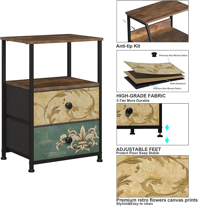 Tohomeor Nightstand with 2 Fabric Drawers Retro Flower End Table Side Table with Open Storage Shelf for Bedroom Living Room Sofa Beside Vintage