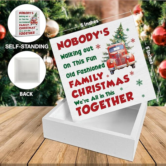 Christmas Vacation Decorations - We're All In This Together Decor, Indoor Christmas Wooden Sign, Tree Truck Home Decor for Desk Table Shelf 5 X 5 Inches