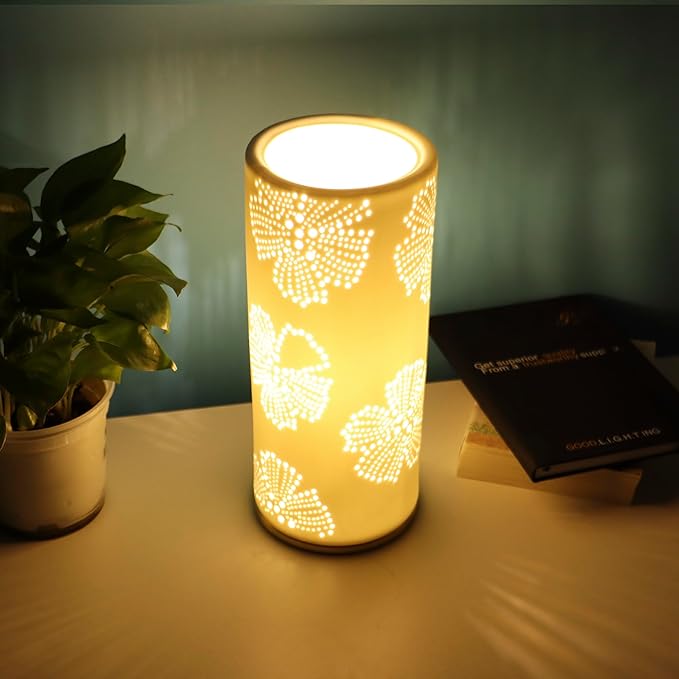 Small Modern Ceramics Bedside Table Lamp, 4.5 x 4.5 x 11 Inch White Flowers Style Nightstand Lamps, Side Table Lamps for Bedroom Living Room Entryway Table Light