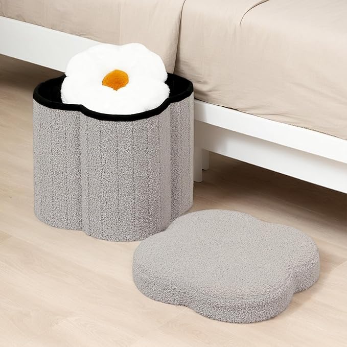 12.6" Small Ottoman with Storage, Flowers Shaped Foldable Foot Rest for Dorm Room, Living Room - Compact Organizer for Small Spaces-Grey
