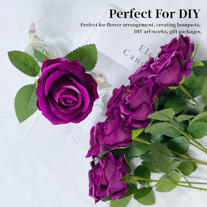 10 PCS Artificial Roses with Long Stems Silk Flowers Realistic Foam Flowers Fake Roses for Valentine's Day Home Wedding Halloween Decor(Rose Purple)