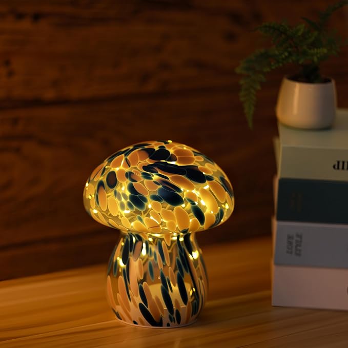 Small Glass Mushroom Table Lamp Night Light Bedside Desk Lamp for Bedroom Nightstand Light -Blue
