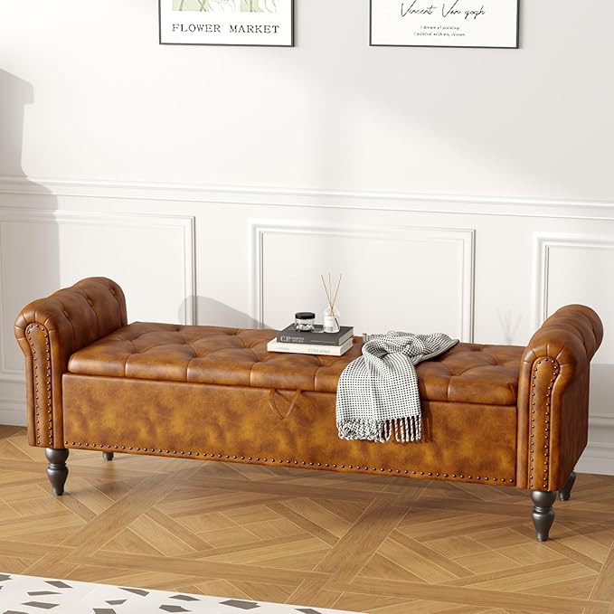Furniliving 63” End of Bed Bench, Bedroom Bench with Button-Tufted, Large Upholstered Storage Ottoman Benches Entryway Bench with Storage Shoe Cabinet Bench, for Bedroom, Living Room, PU, Brown