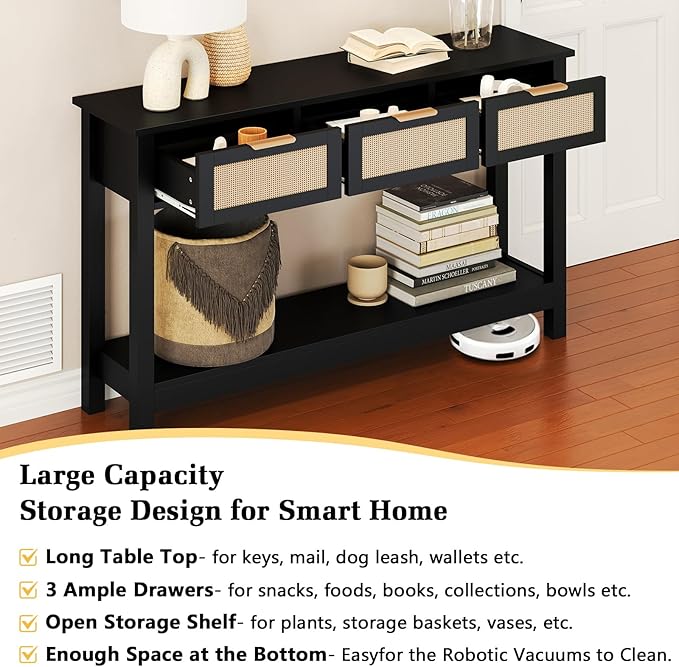 Luoxiao Entryway Console Table with 3 Rattan Drawers - Long Sofa Table Behind Couch Modern Fluted Hallway Living Room Storage Cabinet, Entry Table Open Shelf Foyer Furniture, Anti-Tip, Black, 47 Inch