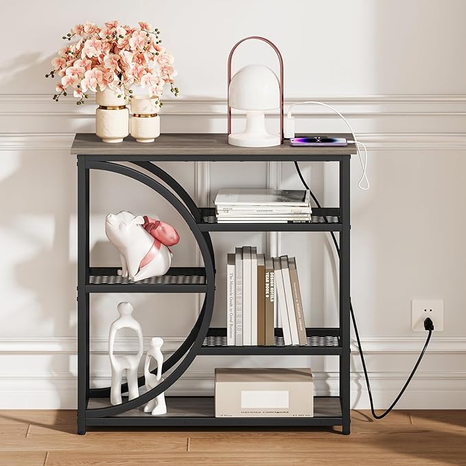 Snughome Entryway Table, Console Table with Charging Station, Industrial Narrow Sofa Table with 5 Tier Storage Shelves, Entrance Table for Hallway, Living Room, Foyer, Grey