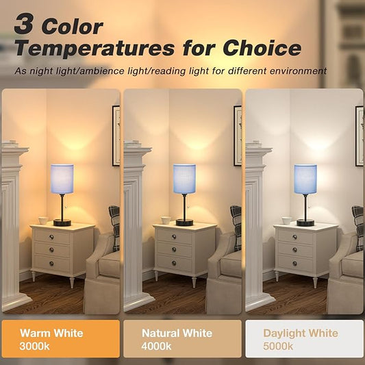 Blue Table Lamps 3 Color Temperatures - 3000K 4000K 5000K Bedside Lamps with USB C and A Ports, Pull Chain Lamps for Bedrooms with AC Outlet, Nightstand Lamps with Black Metal Base for Kids Boys