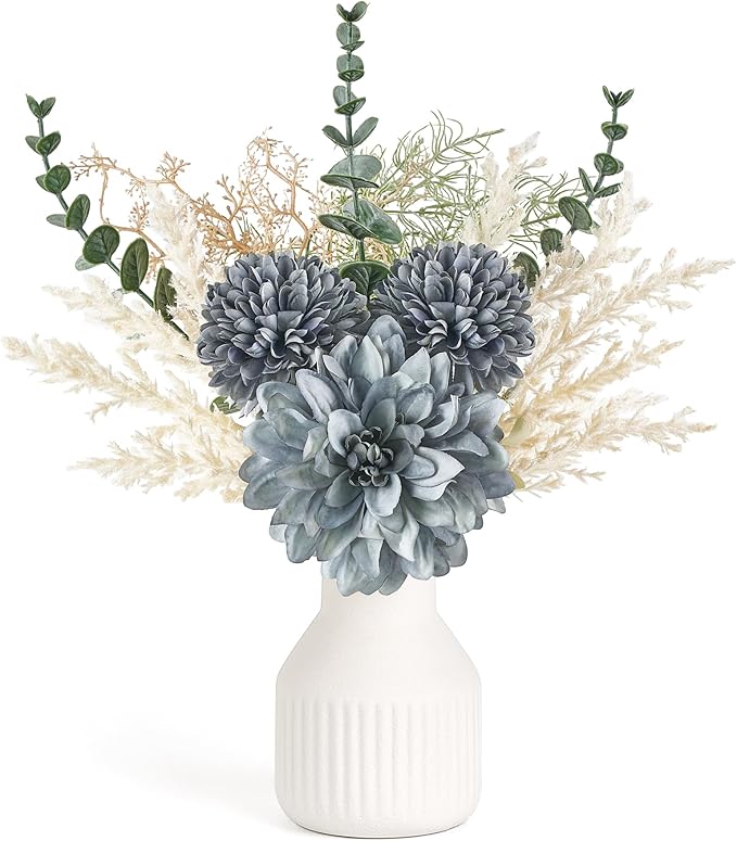 Mkono Small Artificial Flowers in Ceramic Vase 13.5" Centerpieces Coffee Table Decor, Silk Flower Arrangements for Home Decor Indoor Fake Flower Bouquet for Bathroom Dining Room Kitchen Wedding Blue