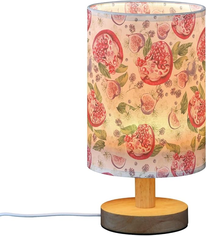 Table Lamp Watercolor Pomegranate BlackBerry Fig Fruit with Flower Pattern Nightstand Lamp with Wood Base Fabric Lamp Shade Bedside Desk Lamp for Living Room Bedroom Kids Room Office
