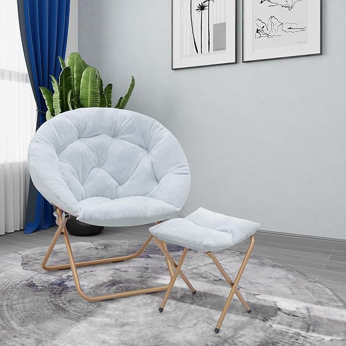 Athena Collection Saucer Chair with Ottoman Comfy Chair for Bed Room Living Room Folding Round Cozy Chair Faux Fur Metal Frame Foldable Lazy Chair Accent Chair Reading Chair, Blue