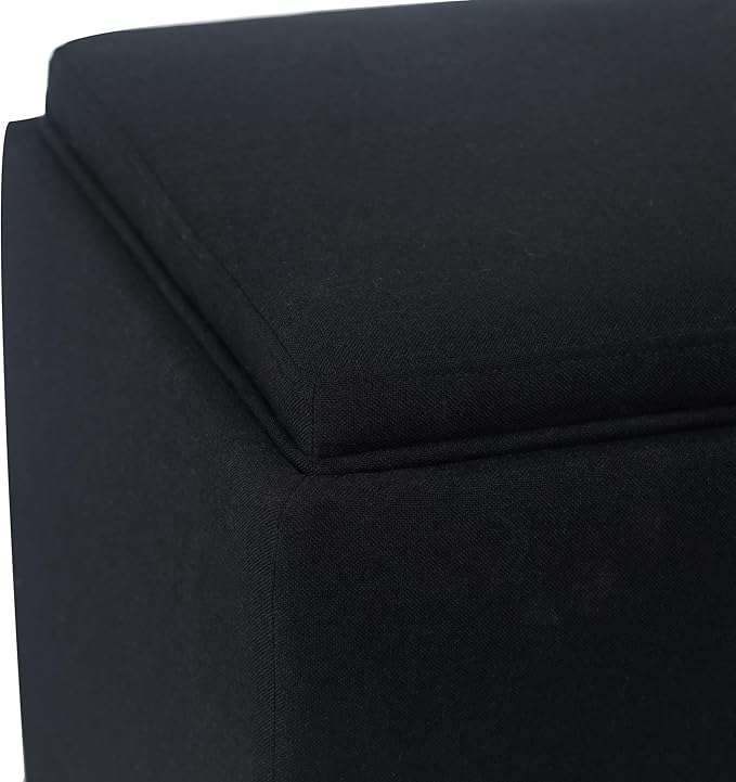 Adeco 17" Black Square Storage Ottoman with Tray, Modern Cube Ottoman Coffee Table for Dorm, Bedroom
