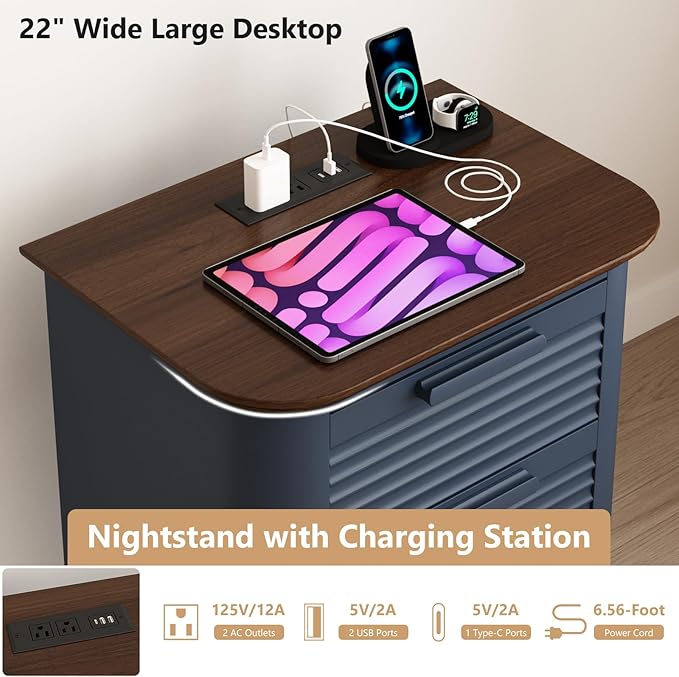 22'' Fluted Nightstand with Charging Station, Modern End Table with 3 Drawers and Storage, Wood Night Stand with Round Corner, Side Table Dresser for Bedroom, Living Room, Curved Profile,Navy Blue