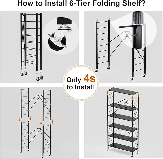 Himix 6 Tier Foldable Storage Shelves, Expandable Folding Bookshelf with Wheels, Changeable into 2 Shelf Units, Collapsible Adjustable Storage Rack Metal Shelves for Garage, Kitchen, Black