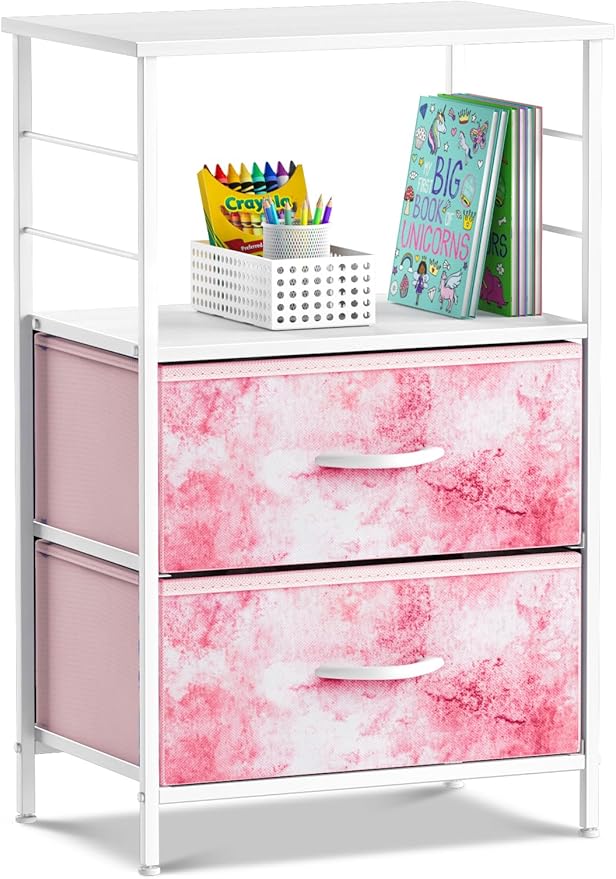 Sorbus 2 Drawer Shelf Storage Nightstand - Kids Bedside Furniture End Table Night Stand with Steel Frame Wood Top & Easy Pull Fabric Bins, Dresser & Chest for Home Bedroom Accessories Office & College