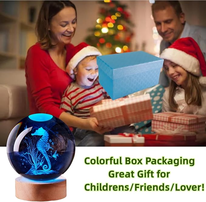 Sea Horse Crystal Ball Lamp with LED Wooden Base, 16 Colors Change & Remote Control Seahorse Crystal Ball Night Light, Upgraded 3.15 Inch Glass Light, Gift for Kids Wife Girlfriend (sea horse)