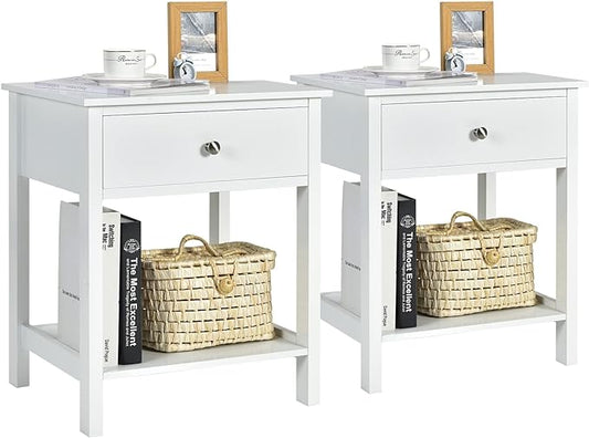 Giantex Nightstand Set of 2, Wood End Table with Drawer and Open Shelf, Night Stand for Small Spaces, 2-Tier Bedside Table for Living Room Bedroom Dorm, Easy Assembly, White