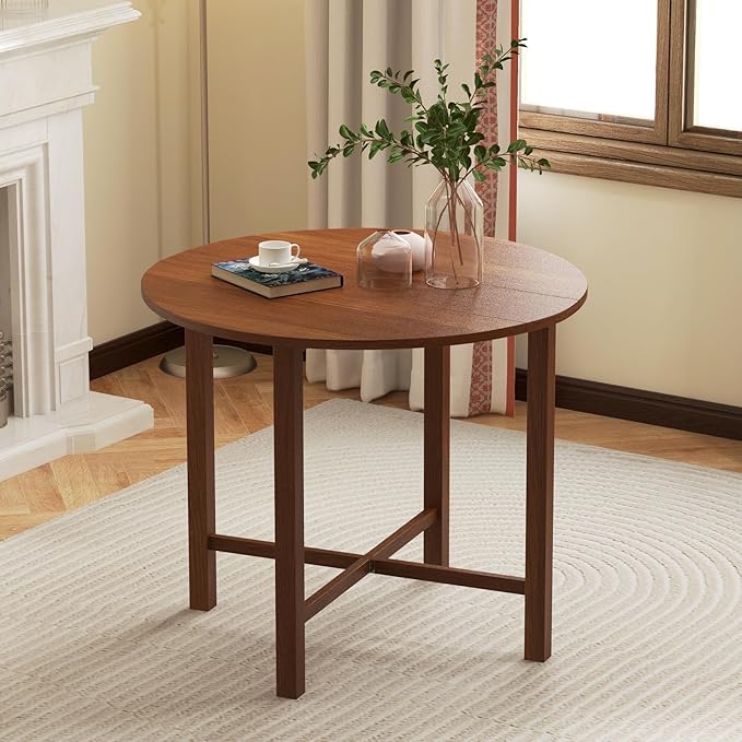 Tangkula 36" Foldable Round Dining Table, Kitchen Table w/Solid Rubber Wood Legs, Dual Drop Leaf Design, Farmhouse Circle Diner Table for 2-4 People, Dining Room, Living Room, Restaurant (Round)