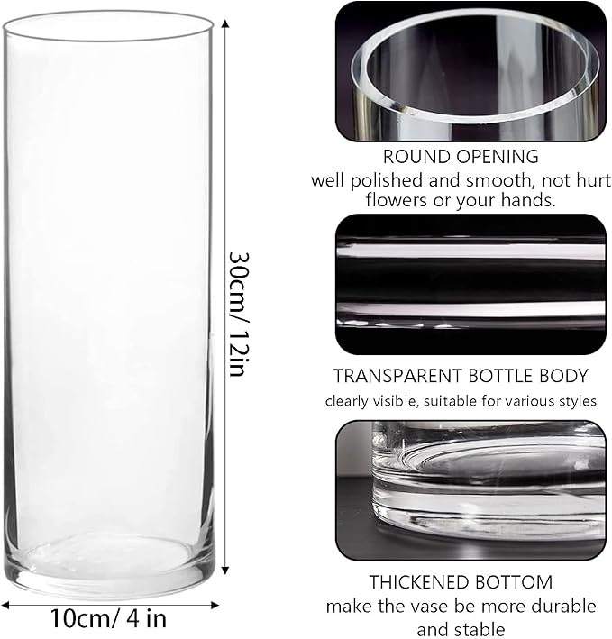 DARENYI Clear Glass Vase for Flowers, 12 inches Tall Cylinder Vase Decorative for Centerpiece, Living Room, Floating Candle, Office, Wedding or Gifts