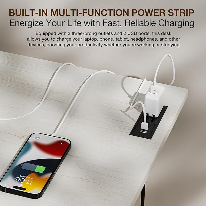 TEMI Long Computer Desk Folding Table - No Assembly, Compact 55.1" Foldable Desk with Power Outlets & USB Charging Port, Portable Lagre Office Desk, Ideal Large Study Table for Narrow Spaces,White Ash