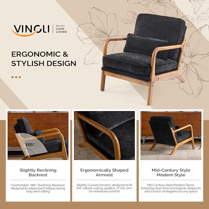 VINGLI Chenille Mid-Century Modern Accent Chair, Cute Reading Arm Chair with Cushion & Lumbar Pillow & Solid Wood Frame for Lounge, Living Room, Reading Room, Bedroom, Black