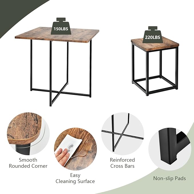 COSTWAY 5 Piece Dining Table Set, Counter Kitchen Table and Chair Set for 4 Includes 1 Square Table and 4 Stools, Space-Saving Pub Dining Set for Living Room, Breakfast Nook, Coffee Shop (Brown)