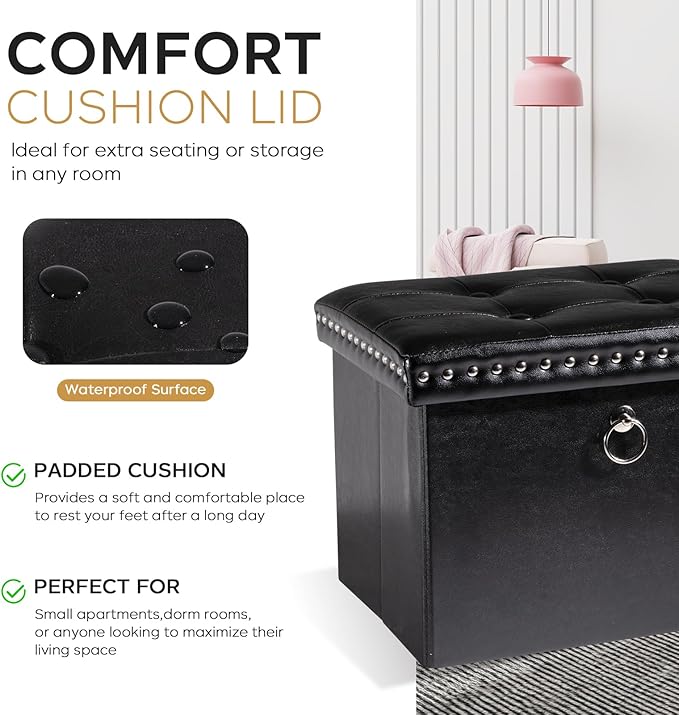 Storage Ottoman Foot Rest Stool, Foldable Leather Footstool Storage Bench with Rivet Design, Thicker Foam Padded Seat, Footrest Under Desk for Living Room Bedroom 242 lbs, 16x12x12 in, Black
