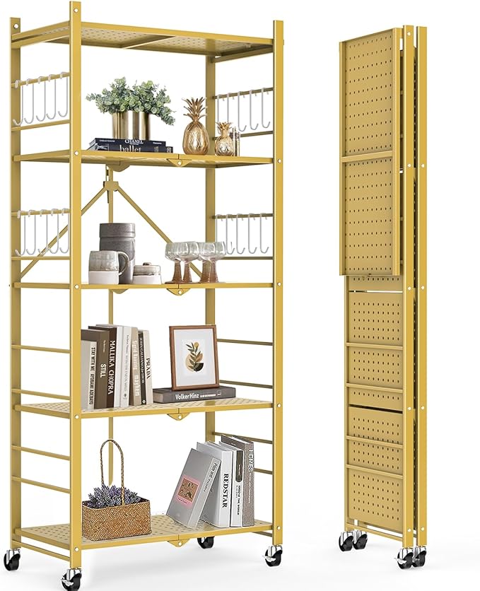 Storage Shelves with 20 Hooks, 5-Tier Foldable Shelves for Storage, Folding Shelf Unit Pantry Shelves with Wheels, Standing Shelving Unit for Kitchen Garage Home Office Room Greenhouse, Gold