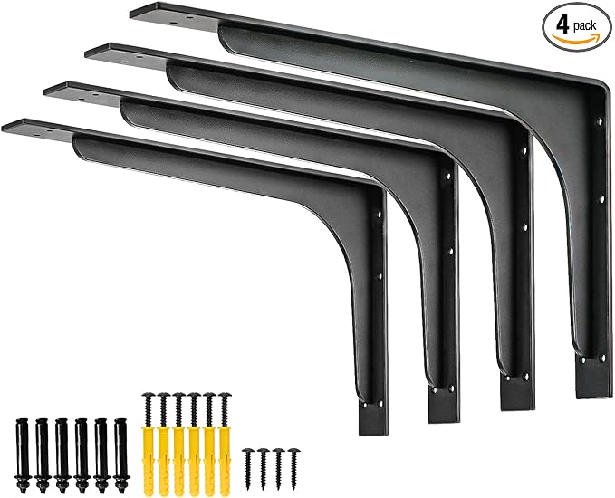 (16 INCH x 9.5 INCH) Shelf Bracket ,L Shelf Brackets,max Load 300lbs, Premium Alloy Metal Heavy Duty Shelf Bracket, high Strength Mounting Hardware Included, countertop Support, Pack of 4.