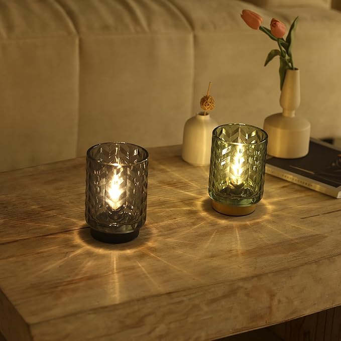 Battery Operated Lamp with Timer, Small Table Lamp for Office Desk Decor, Glass Cordless Lamp Bedside Cozy Light for Living Room Aesthetic, Entryway Wave Design-Grey