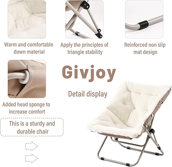 Living Room Chair, Soft Faux Fur Folded Chair Oversized Folding Accent Chair, Furry Lounge Lazy Chair, Metal Frame Moon Chair for Bedroom, Living Room