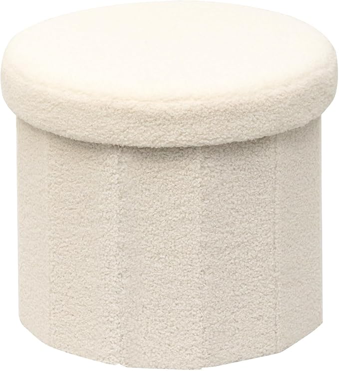 15 Inchs Round Storage Ottoman, Small Foldable Foot Stool with Hidden Storage for Living Room, Bedroom-White