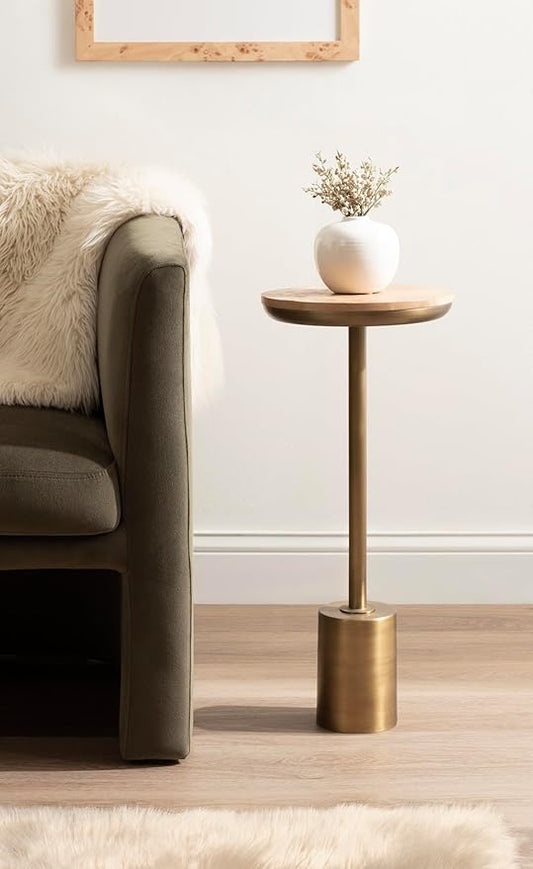 Kate and Laurel Xyler Modern Round Wood and Metal Drink Table, 10 x 10 x 24, Burlwood and Antique Brass, Transitional Pedestal Table for Use as Indoor Plant Stand or Living Room Decor Accent