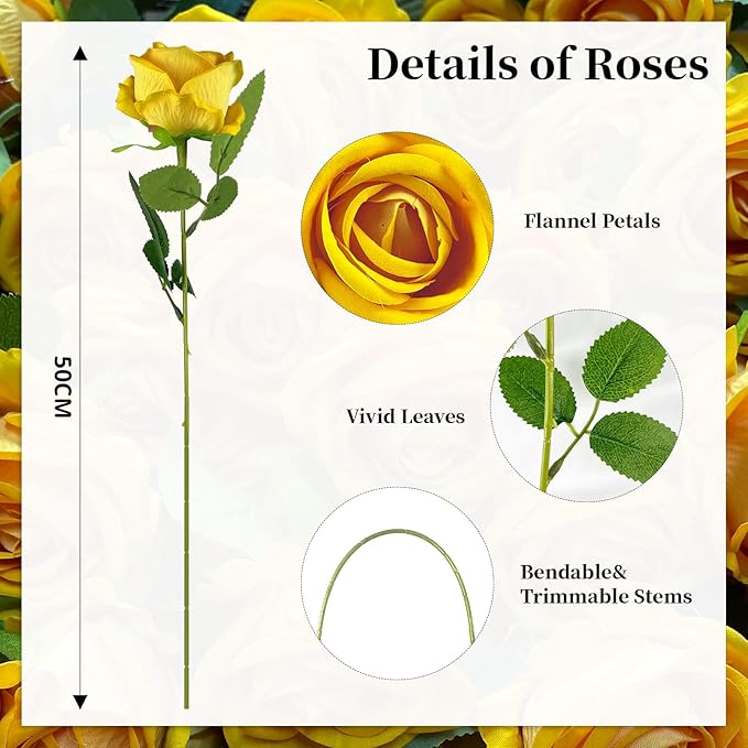 10 PCS Artificial Roses with Long Stems Silk Flowers Realistic Foam Flowers Fake Roses for Valentine's Day Home Wedding Halloween Decor(Yellow)