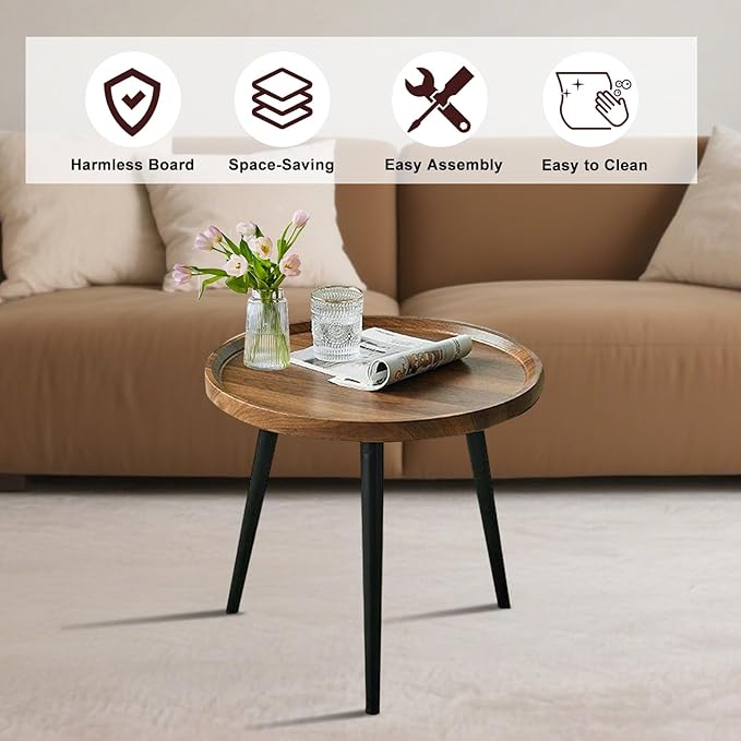 Jessie Small Round Coffee Tables,40x40x48cm Mid Century Modern Nesting Tables,Easy Assembly Circle Walnut Coffee Tables with Non-Slip Feet,Nesting Coffee Table for Living Room Balcony Yard