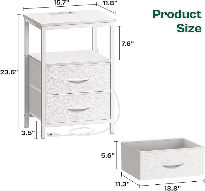 Night Stand with Charger Station and LED Lights, 2 Drawer Nightstand, Bed Side Table with Open Shelf, End Table, Fabric Dresser for Bedroom, PU Leather, White