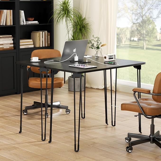 Folding Desk, 31.5" Hairpin Legs Small Desk with Power Strip for Bedroom, Space Saving Foldable Computer Desk for Home Office, No Assembly Need, Black