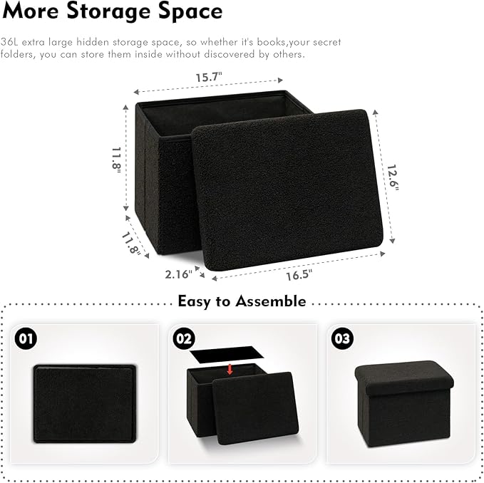 B FSOBEIIALEO Storage Ottoman Cube Small Sherpa Ottoman Foot Rest, Foldable Portable Boucle Ottomans, Faux Teddy Fur, Black 16.5"x12.6"x12.6"