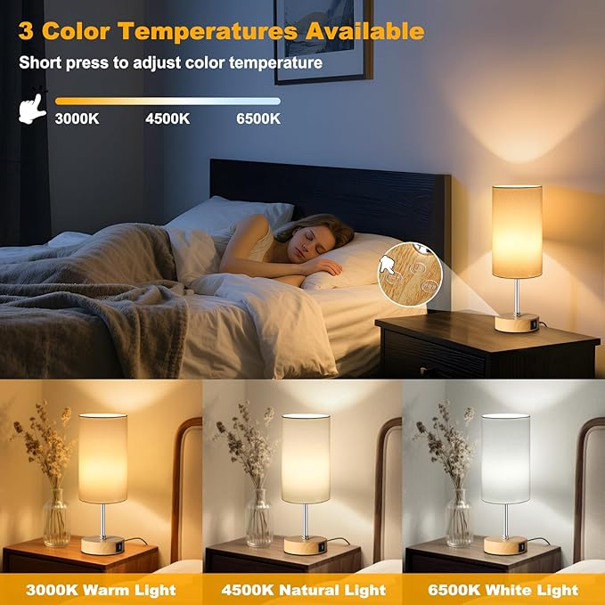 Unicozin Small Table Lamp, 3CCT & 7 RGB Color Changing, Dimmable Nightstand Lamp with Wood Grain Base, Touch Bedsides Lamp for Bedroom, Office, Kids Room, Nursery, Party, White Shade