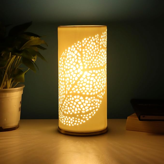 Small Modern Ceramics Bedside Table Lamp, 4.5 x 4.5 x 9.75 Inch White Olive Leaf Style Nightstand Lamps, Side Table Lamps for Bedroom Living Room Entryway Table Light