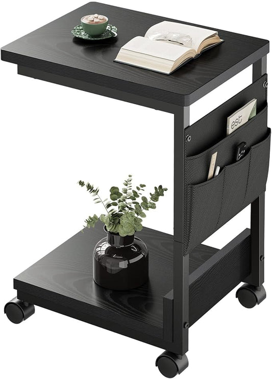Side Table,C Table with 2-Tier Storage Shelf, End Table with a Storage Bag, Sofa Table with Wheels for Living Room, Bedroom, Office, Bathroom, Black