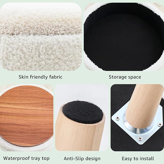 Mxfurhawa Versatile Storage Ottoman, Round Footstool with Soft Padded Seat, Small End Table with 4 Wood Legs, Teddy Velvet Foot Rest for Couch,Shoe Changing Stool for Living Room (Cream)