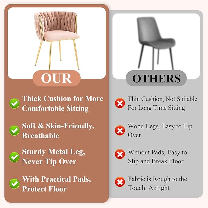 NIOIIKIT Modern Velvet Dining Chairs Hand Weaving Accent Chairs Living Room Chairs Upholstered Side Chair with Golden Metal Legs for Dining Room Kitchen Vanity Living Room (Pink)