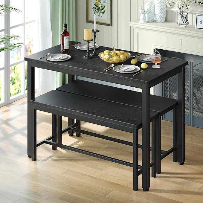Tatub Dining Table Set for 4, 3-Piece Kitchen Table with 2 Benches, Space-Saving Dining Room Set for Breakfast Nook and Small Spaces, Black