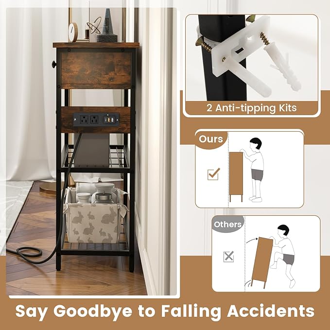 GOFLAME Console Table with Power Outlet, Narrow Entry Table with Drawers, 2 AC Outlets & 2 USB Ports, Sofa Table for Living Room Behind Couch, Living Room, Foyer, Brown