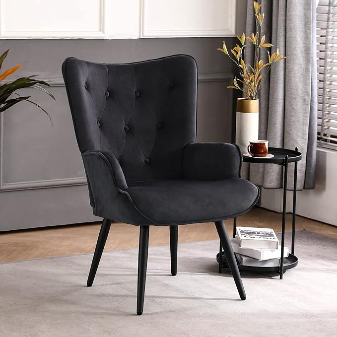 Furniliving Velvet Accent Chair for Living Room, Upholstered Reading Chair with High Backrest, Tufted-Button Wingback Armchair for Bedroom, Dressing Room, Home Office, Black, Set of 2