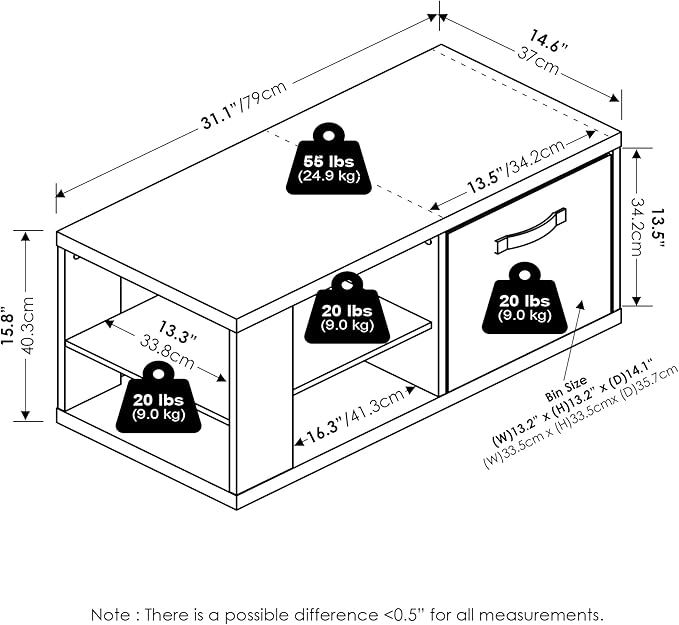 Furinno Viola Coffee Table, 3-Tier Modern Coffee Table with 1.2" Thick Tabletop, Side Table with Open Shelf and Storage Bin, for Living Room, Bedroom, Home Office, Dark Oak