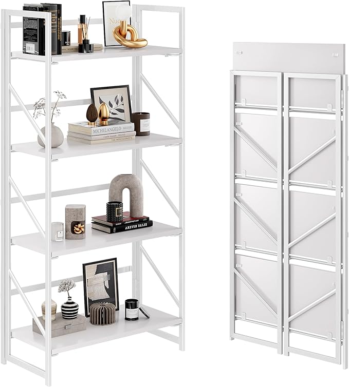 JSB No Assembly Folding Bookshelf, 4 Tier Industrial Metal Book Shelf for Storage, Vintage Wood Foldable Bookcase for Living Room, Bedroom, Office Organization Shelves