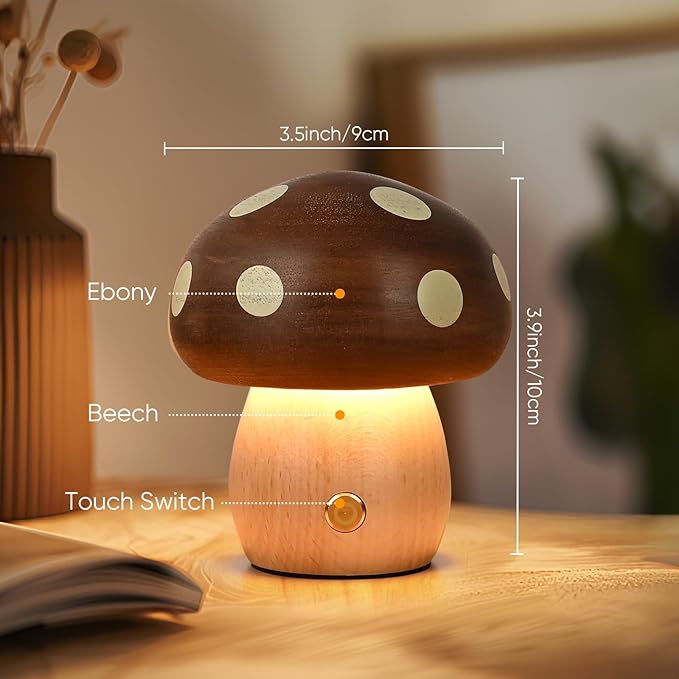 LED Wooden Mushroom Lamp, Rechargeable Battery Operated Portable Cordless Touch Switch Small Lamp, Stepless Dimming Night Light for Birthday Gifts