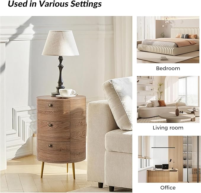 HULALA HOME Round End Table with 3 Storage Drawers, Mid Century Modern Sofa Side Table with Metal Legs, Farmhouse Wood Small Side Table for Living Room, Bedroom and Small Spaces, Gray