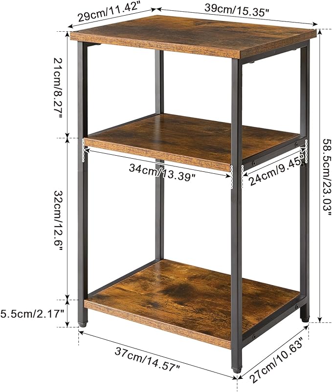 IBUYKE Side Table,3-Tier End Table, Industrial Nightstand Small Table with Storage Shelf, for Bedroom, Living Room, Hallway, Rustic Brown UTMJ402H