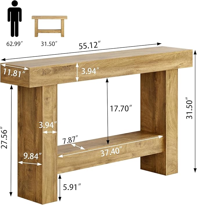 Farmhouse Console Table, 55'' Entryway Tables with Storage, 2-Tier Wooden Modern Console Tables Rectangular Sofa Table for Living Room, Entrance, Hallway (Grayish Brown)